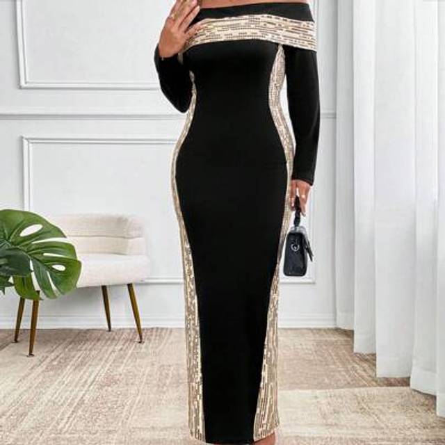 SHEIN Plus Size Elegant Contrast Color Patchwork Sequin Print Off Shoulder Dress
