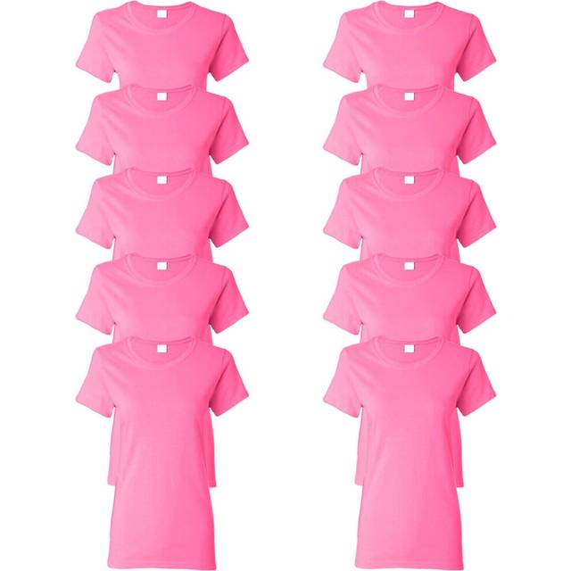 (Pink, XL) 10x Ladies Womens Cotton Blank Plain Crew Neck Short Sleeve T-Shirt Tee Top Bulk