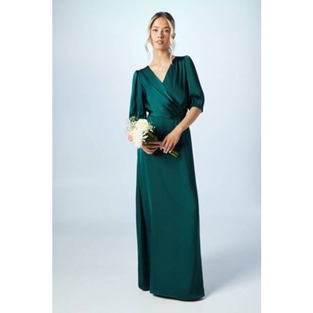 Teen Puff Sleeve Satin Bridesmaids Dress - Green - 14-15 yrs
