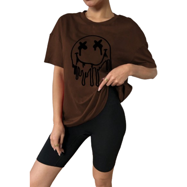 VaVaBold Loose Fit Oversized Smile Face Printed Short Sleeve T-Shirt For Women, Summer Graphic Tees Women Tops