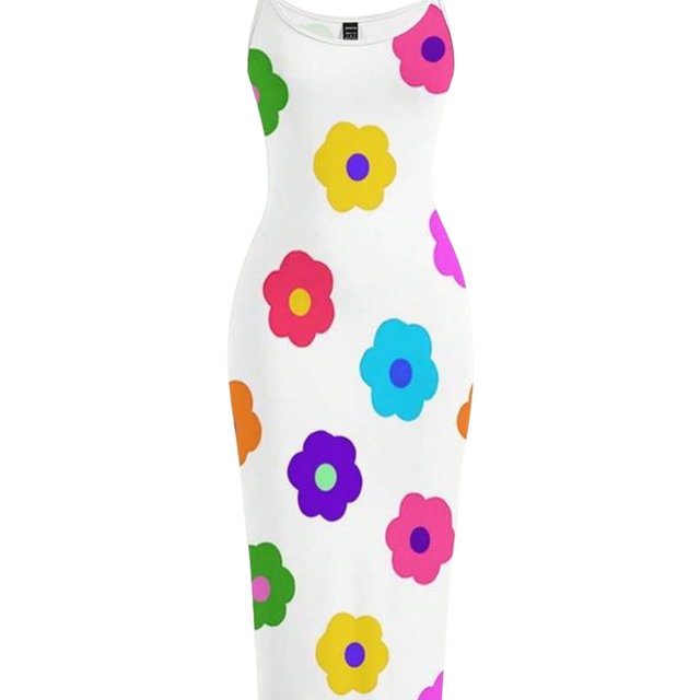 SHEIN Colorful Flower Printed White Simple Slim Strap Long Dress, Suitable For Summer Casual,Sun Dress