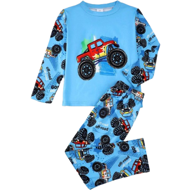 BrownBark 2pcs Set, Young Boy Stylish Monster Truck Graphic Round Neck Long Sleeve T-Shirt + Casual Pants Outfit, Comfortable Casual Wear, Suitable For Young Bo