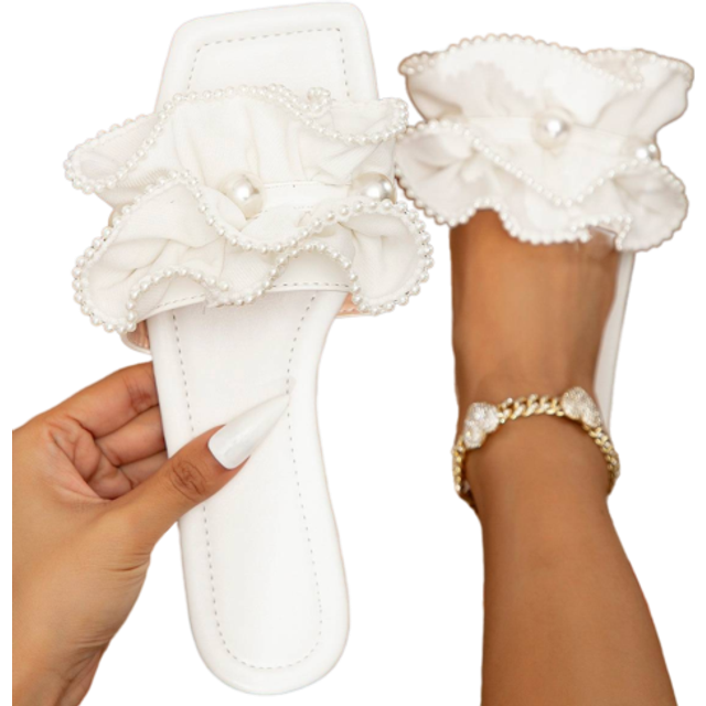 SHEIN Women Ruffle & Faux Pearls Decor Slide Sandals, Fashion Summer Flat Sandals Valentines