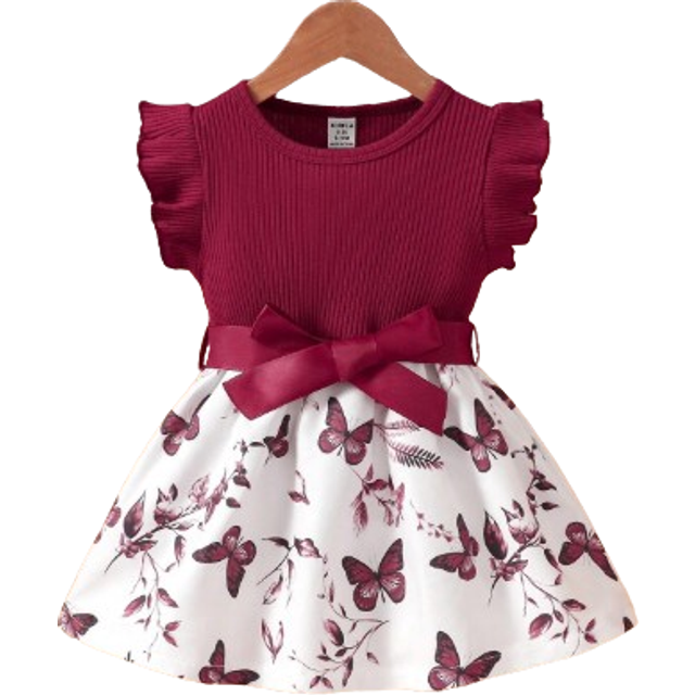 SHEIN Baby Girls Casual  Everyday All-Match Cute Butterfly Print Dress With Belt, Suitable For Outings