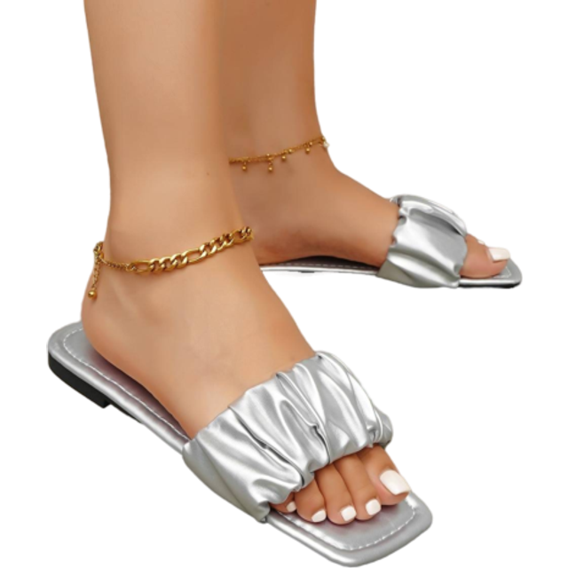 planare Metallic Ruched Single Band Slide Sandals, Silver Party Solid Color Slippers
