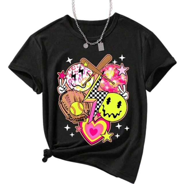 SHEIN Tween Girl Music Festival Party Face Baseball, Light Bulb Print Y2k Heart Swag Cool T-Shirt