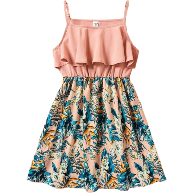 SHEIN Tween Girls&#39; Casual Patchwork Plant Print Ruffle Trim & Decorated Strap Sundress