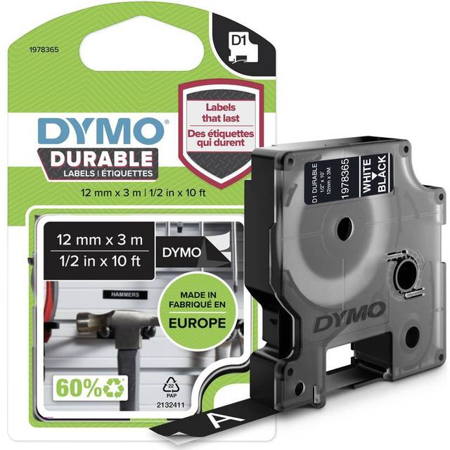 Hållbara DYMO D1-originaletiketter | Svart text på svart tejp | 12 mm × 3 m | Etikettejp för LabelManager etikettskrivare