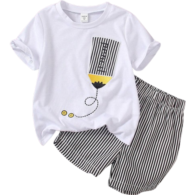 SHEIN 2pcs/Set Young Boy Academy Embroidered Pencil Design & Striped Casual Shorts, Versatile For School, Daily Wear, Getaway, Holiday, Travel, Relaxation,
