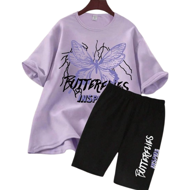 SHEIN 2pcs Teen Girls&#39; Casual Butterfly Printed Short Sleeve T-Shirt And Cycling Shorts Set