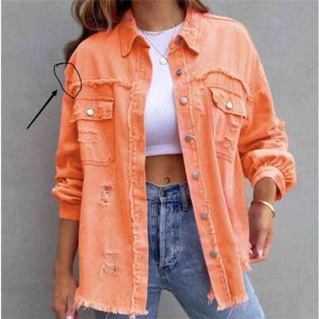 SHEIN Women&#39;s Plus Size Plus-Size Ripped Denim Jacket Frayed Hem Button Front Boyfriend Jean Coat Western Shacket With Pockets