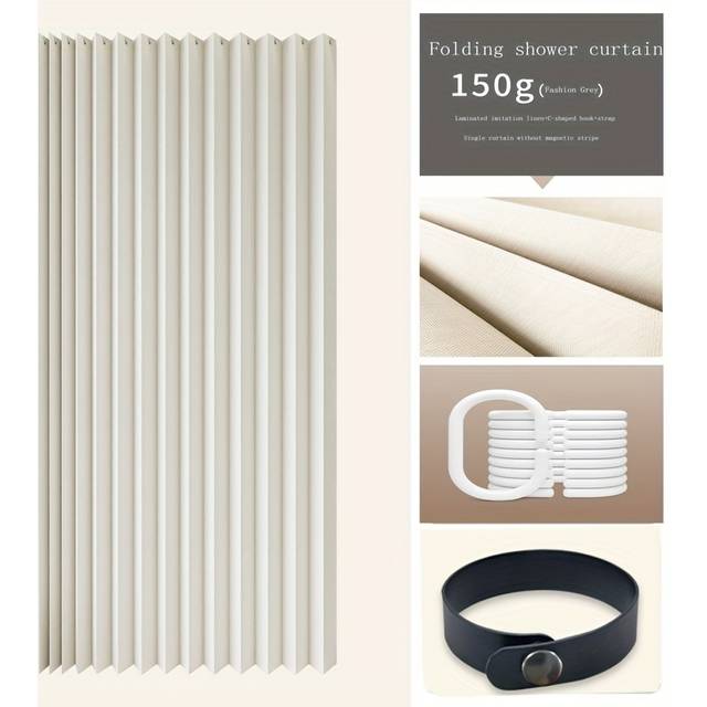 TEMU 1pc Striped Folding Shower Curtain, Heat-insulating Polyester Bathroom Decor With Hooks, & Store, Modern For Privacy & Style, Curtain | Stylish Shower Accessory | Heatinsulating Fabric