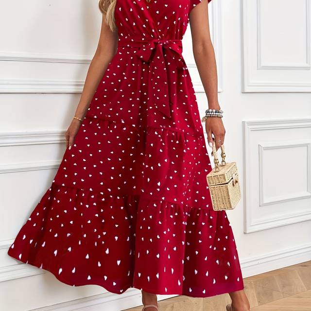 TEMU Elegant Navy Blue Polka Dot Midi Dress With V-neck, Ruffle Hem & Belted Waist - Spring/summer, Adult Women's Fashion, Casual Attire| Print|polyester Fabric