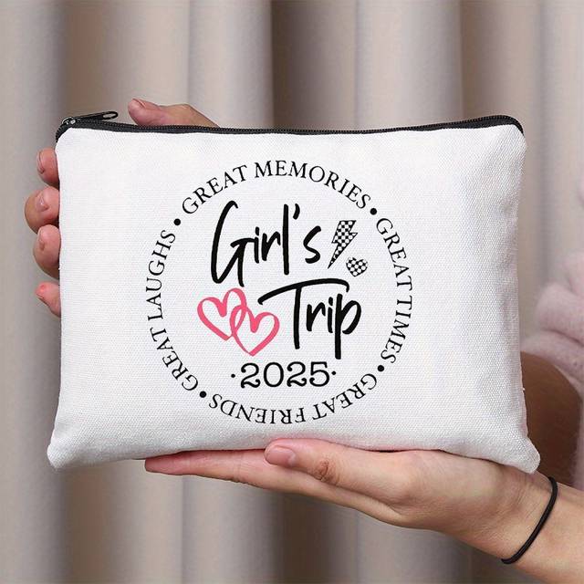 TEMU 2025 Trip Canvas Makeup Bag - A Stylish And Practical White Toiletry Bag With Pink Heart Decorations, Bachelorette Parties, Serves As A Bridesmaid Makeup Pouch.