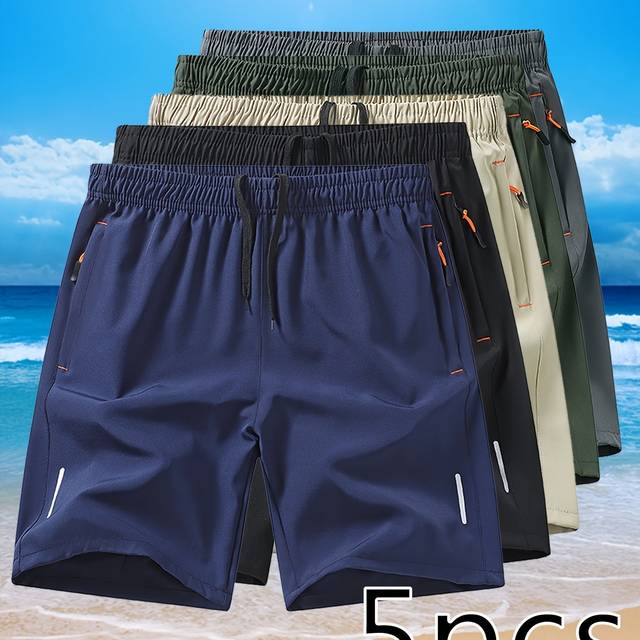 TEMU 5pcs Men's Quick-dry Athletic Shorts With Zipper Pockets - Lightweight Breathable Basketball Shorts For Summer, Gym, Running & Outdoor Sports - Solid Color Regular Fit