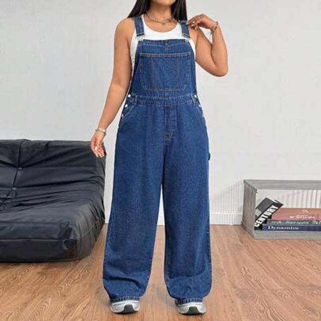 SHEIN Plus Size Women&#39;s Pocket Loose Baggy Casual Versatile Denim Bib Overalls