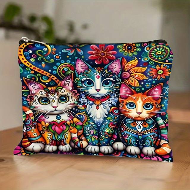 TEMU Bohemian Cat Pattern Canvas Makeup Bag With Secure Zipper - Lightweight And Multifunctional Travel Cosmetic Pouch For Women