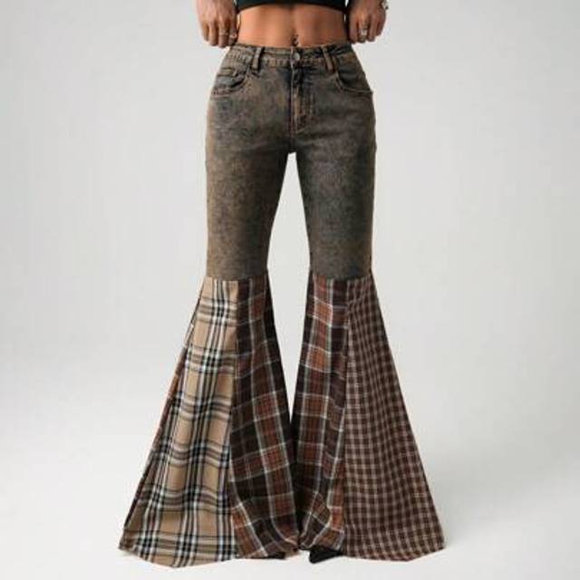 SHEIN Women&#39;s  Spring And Summer Going Out  Retro Boho Fashion Vacation  Hippie  Asymmetric Hem Mixed Plaid Low Rise Color Block Plaid Distressed Bell Botto