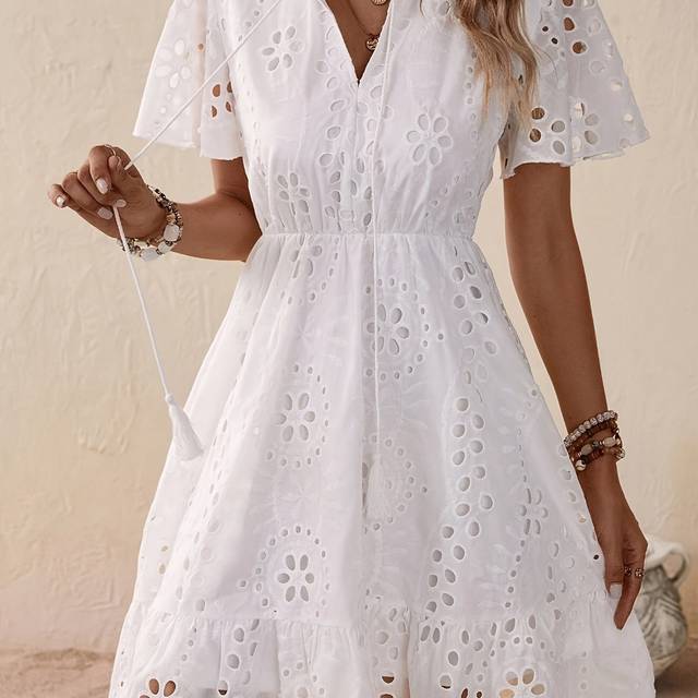 TEMU Eyelet Embroidery Sleeve Ruffle Hem Dress