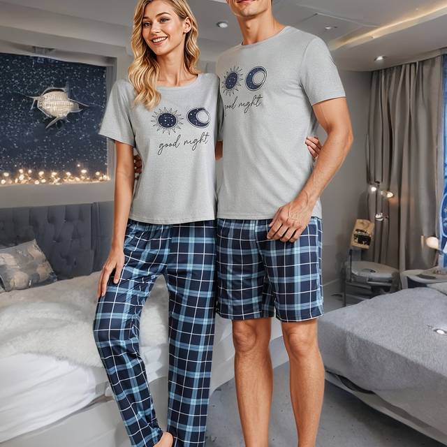 TEMU Men's Summer Pajama Set, Star And Moon Print, Crew Neck T-shirt & Blue Checkered Shorts, 97% Polyester 3% Elastane, Medium Stretch Knit Fabric, Regular Suit Set