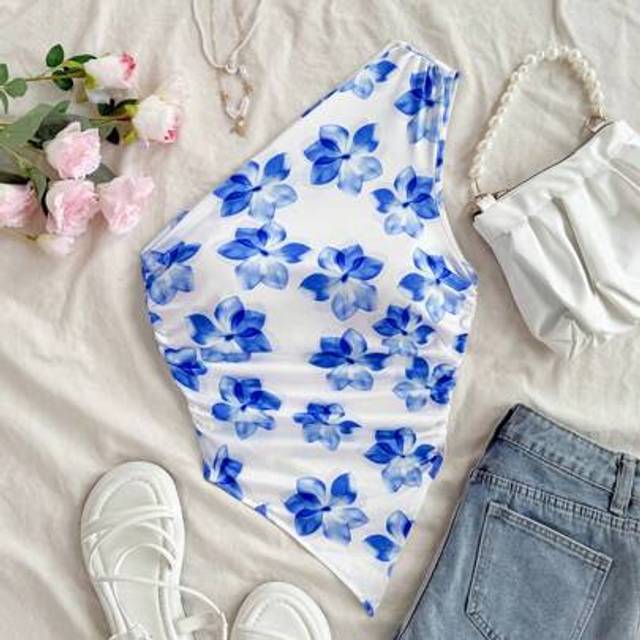 Soleia New Elegant Pleated One Shoulder Design Knit Floral Print Camisole Top For Women, Vacation Wear,Spring Break, Saint Patrick,Easter Dress Women,Concert