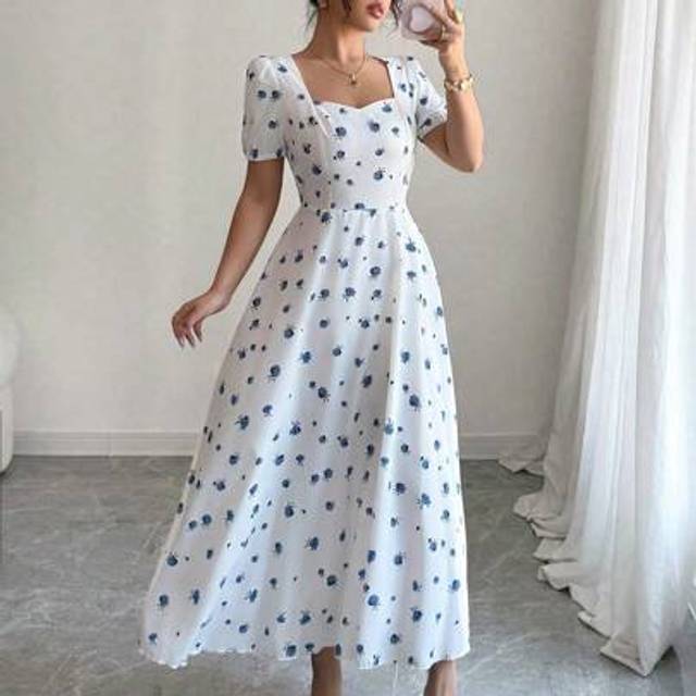 Elenzga Women&#39;s Sweetheart Neck Short Sleeve All-Over Print Casual Maxi Dress