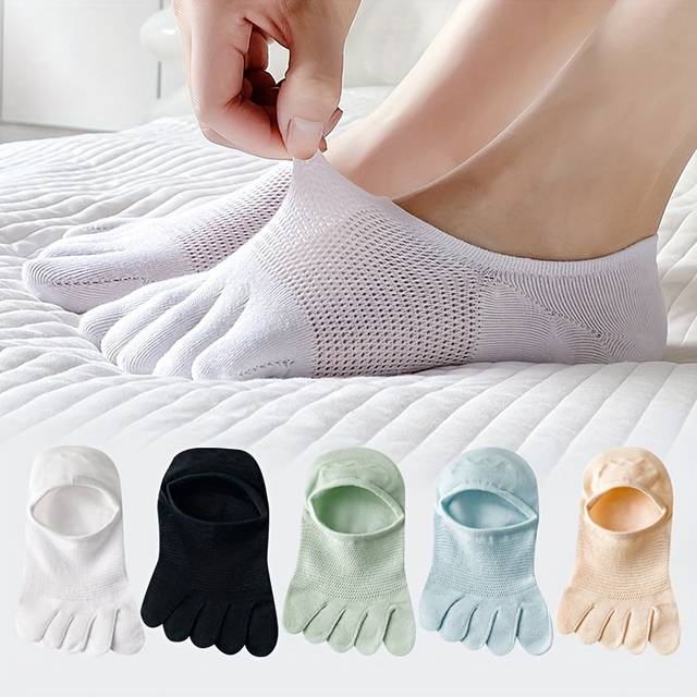 TEMU 5 Pairs Women's Thin Breathable Sweat-absorbent Low-cut Invisible Five-toe Socks, Assorted Colors