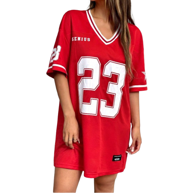 SHEIN Casual Sports Game Letter & Number Graphic Red Loose V-Neck Short Sleeve T-Shirt Dress For Summer