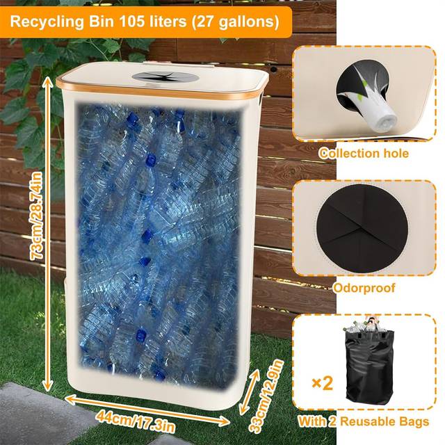 TEMU Extra-large 105l Kitchen Recycling Bin With 2 Reusable Bags - Oxford Cloth Trash Can For Glass, Paper & Plastic Bottles - Beige, Shelf Baskets