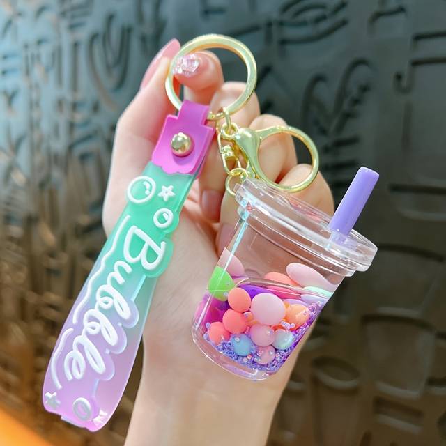 TEMU Milk Tea Keychain Colorful Bead Bubble Key Chain Stylish Lovely Liquid Quicksand Keychain Keyring Bag Ornament Purse Keys Transparent Pendant Gift