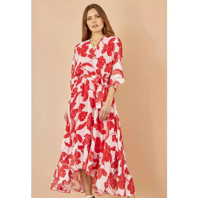 Yumi Women's Plus Size Red Floral Print Wrap Style Midi Dress Curves New Look - UK 18