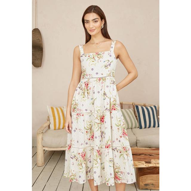 Yumi White Floral Broderie Anglaise Midi Sun Dress - Size 12 UK - Yumi