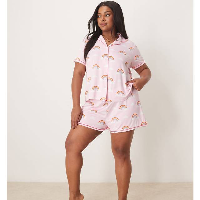 Urban Threads Curve – Regnbågsmönstrad pyjamas med kortärmad skjorta med platt krage och shorts-Flera