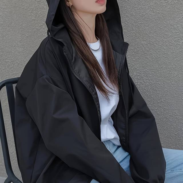 TEMU Solid -up Hoodie Windbreaker Jacket, Casual Long Sleeve Drawstring Jacket For Spring & Fall, Women's Clothing