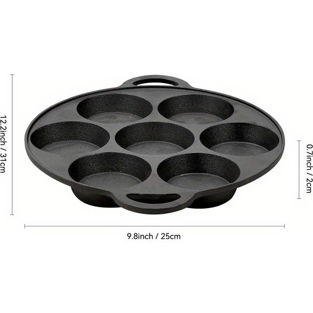 TEMU 31*25*2cm Cast Iron 7 Holes Frying Pan Heat-resistant Handle With 2 Ears Pancake Pan Non Stick Egg Frying Pan, Black