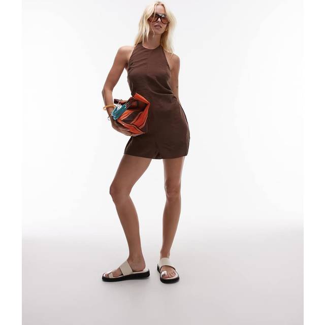 Topshop – Chokladbrun playsuit i cupro med halterneck
