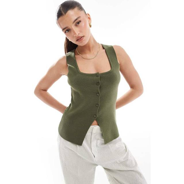 New Look Women's Khaki Compact Knit Square Neck Waistcoat - UK 14