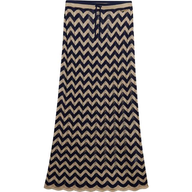 Superdry Zig Zag Crochet Knit Maxi Skirt, Navy Gold Zigzag