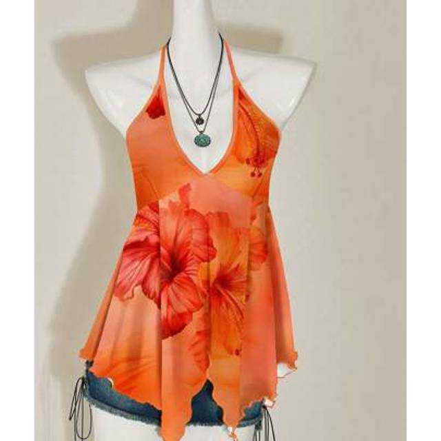 SHEIN Casual Sexy V-Neck Backless Asymmetrical Hem Women Tank Top, Suitable For Summer, Vacation, Orange Hibiscus Floral Print, Y2K