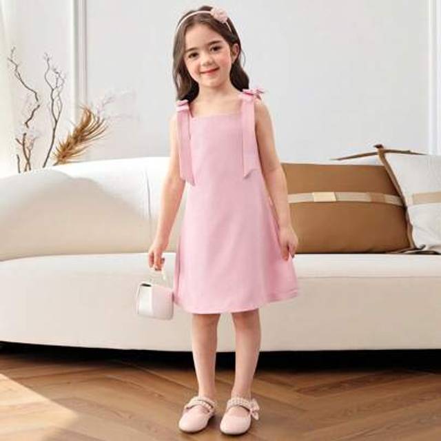 SHEIN Young Girl Spring And Summer Pink Bow Sleeveless Cute Mini Dress, Cute & Elagant & Sweet & Vintage & Fashionable.