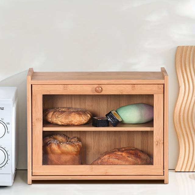 TEMU Double Layer Bamboo Wooden Bread Bin Kitchen Food Loaf Storage Container