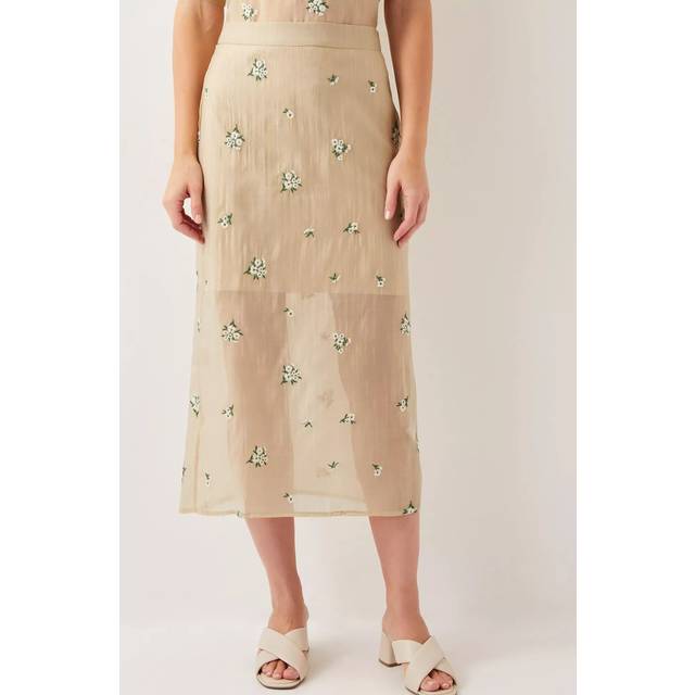 Monsoon Sacha Floral Embroidered Sheer Midi Skirt, Gold