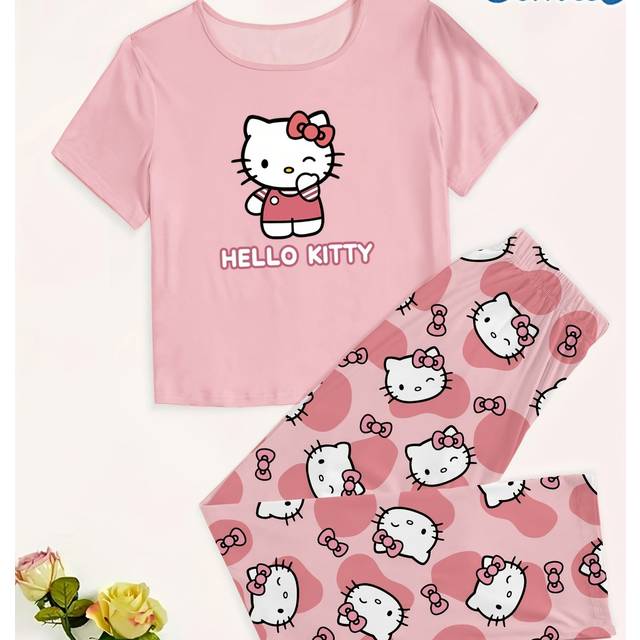 TEMU Hello Kitty Pajama Set, Crew Neck Short Sleeve Top & Long Pants, Cartoon Print Knit Fabric, Medium Stretch, , , Unisex Teen Sleepwear, Polyester 97%, Elastane 3%, 150gsm