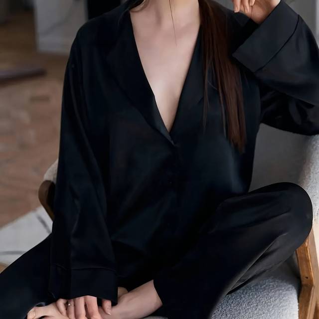 TEMU 2pcs Women's Long Sleeve Pajama Set, Loose And Comfortable, Solid Color, Deep V-neck, Satin Women' Wear