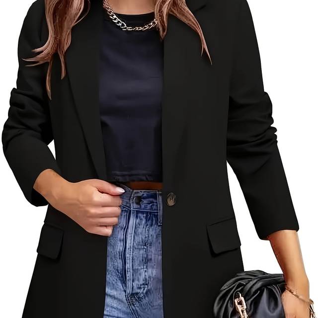 TEMU Plus Size Solid Single-breasted Blazer, Elegant Long Sleeve Blazer For Office & Work, Women's Plus Size Clothing