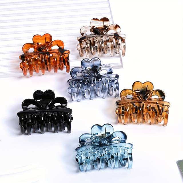 TEMU 6pcs Elegant Heart & Bow Hair Claw Clips - Non-slip, For Stylish Updos, Leopard Print & Jelly Colors (orange, Blue, Black, Gray, Clear), Plastic Material, Vintage-