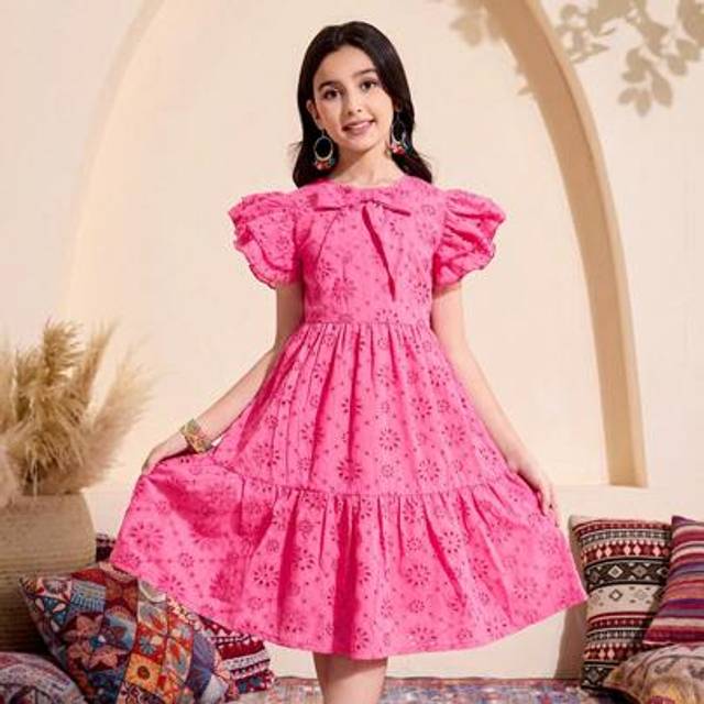 SHEIN 1pc Tween Girl Ruffled Cap Sleeve Large Bow Cutout Floral Print Vacation Dress, Suitable For Outdoor Holiday, Spring/Summer,Holiday Summer Travel