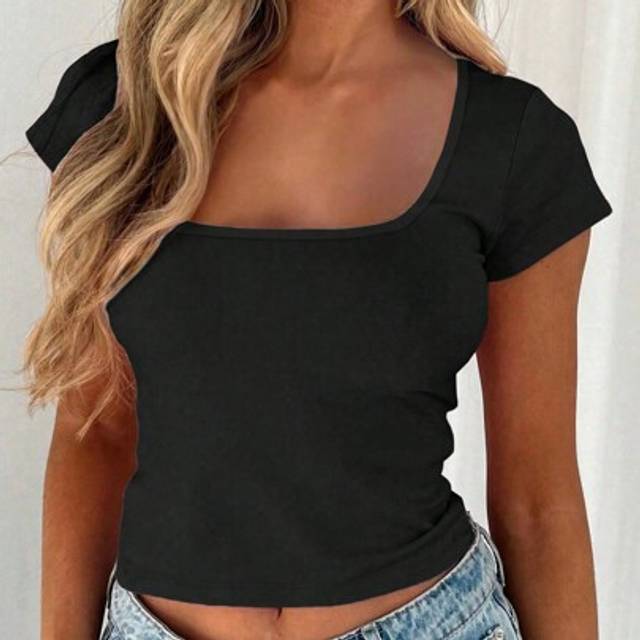 SHEIN Vaiaye Women&#39;s Summer Solid Knitted Square Neck Sexy Slim Fit Y2K Cropped Waist T-Shirt
