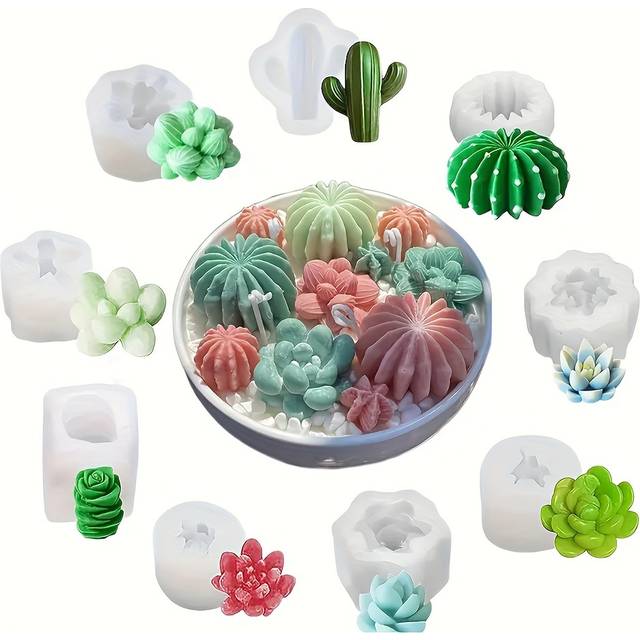 TEMU 9pcs Succulent & Cactus Silicone Candle Mold Set - 3d Floral And Green Plant Designs For Diy Scented Candles, Wax, Resin Crafting - Versatile, , Candle Making Supplies