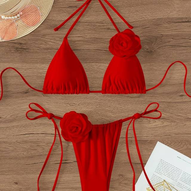TEMU Red Floral Decorated Lace-up Bikini Set - Elegant Deep V Neck Polyamide Knit Fabric Swimwear With High Stretch, Tie Side Bottoms, Polyester Lined - For Swimming (80% Polyamide, 20% Elastane)